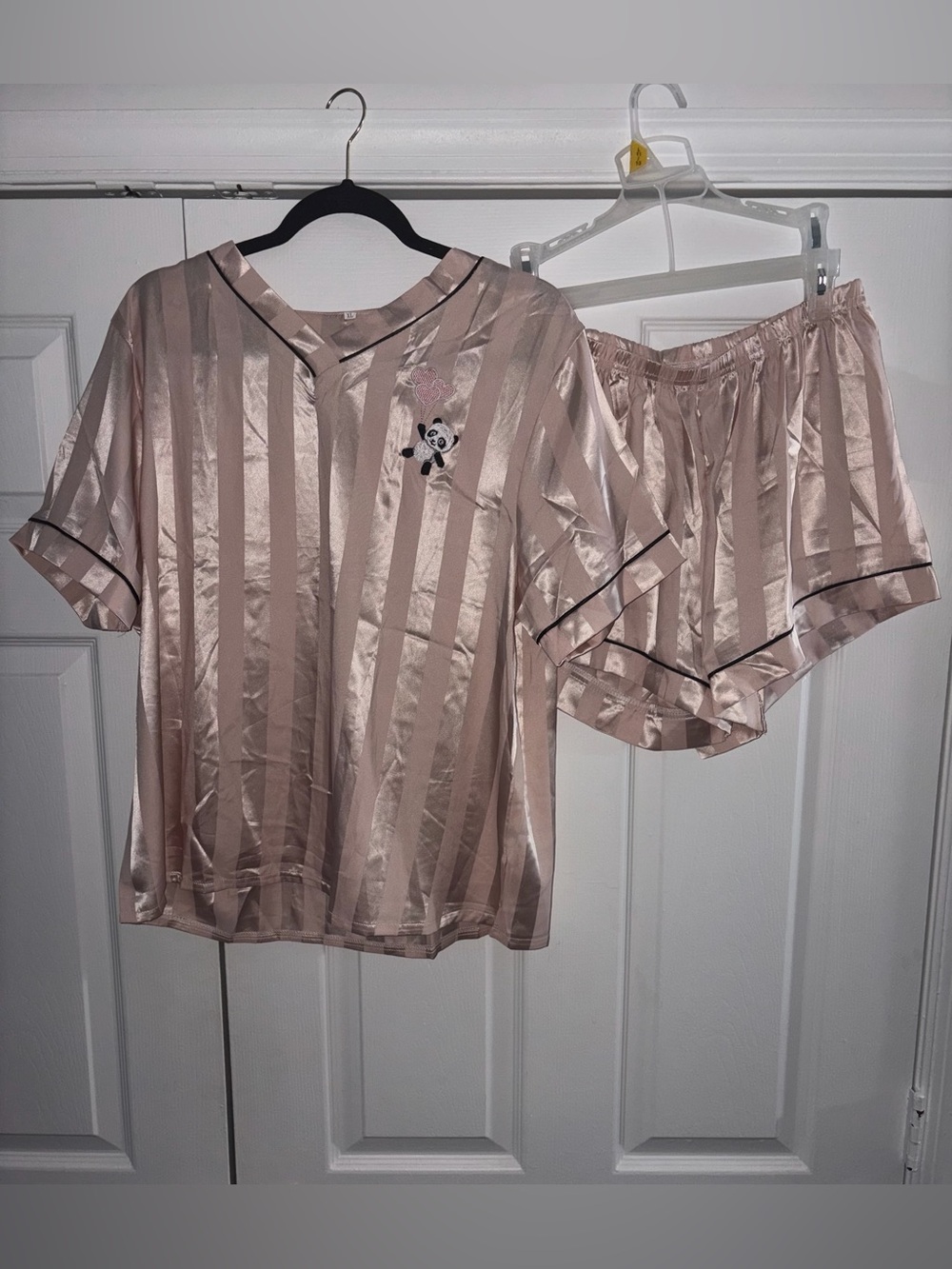 Satin Striped Panda V-Neck Pajama Set in Blush